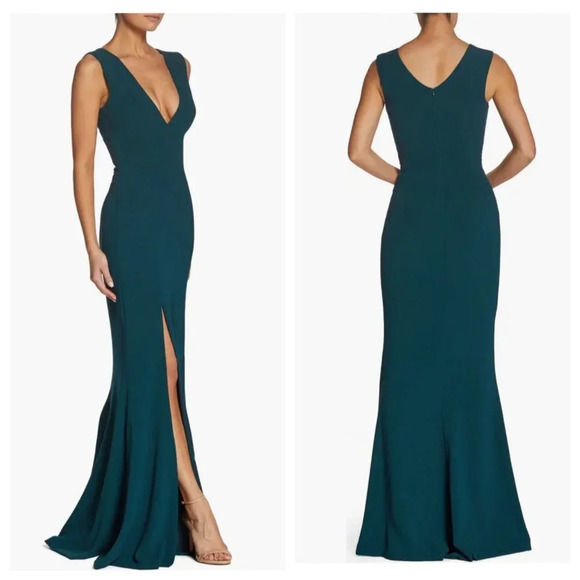 Dress the Population Sandra Plunge Crepe Trumpet Gown in Pine Green - Picture 1 of 8